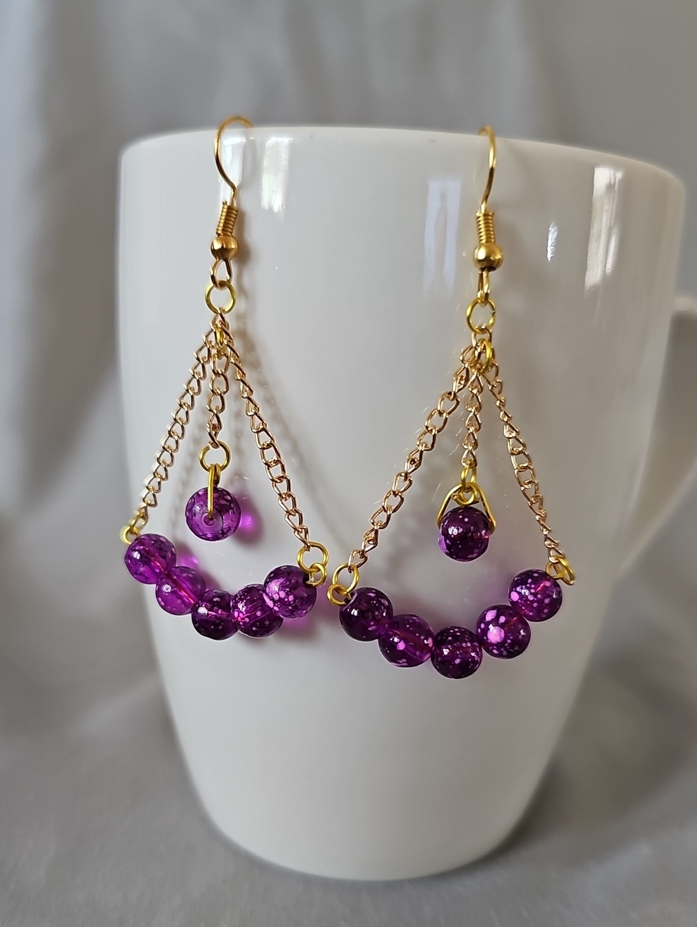 Gold Chain Teardrop Earrings with Purple Glass Beads